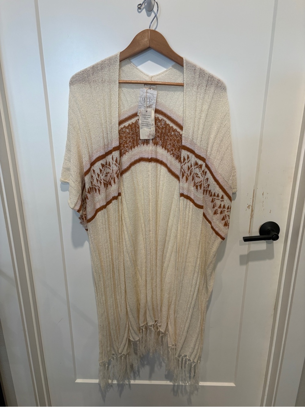 Cream Open-Front Fringe Knit Poncho with Rust Accent